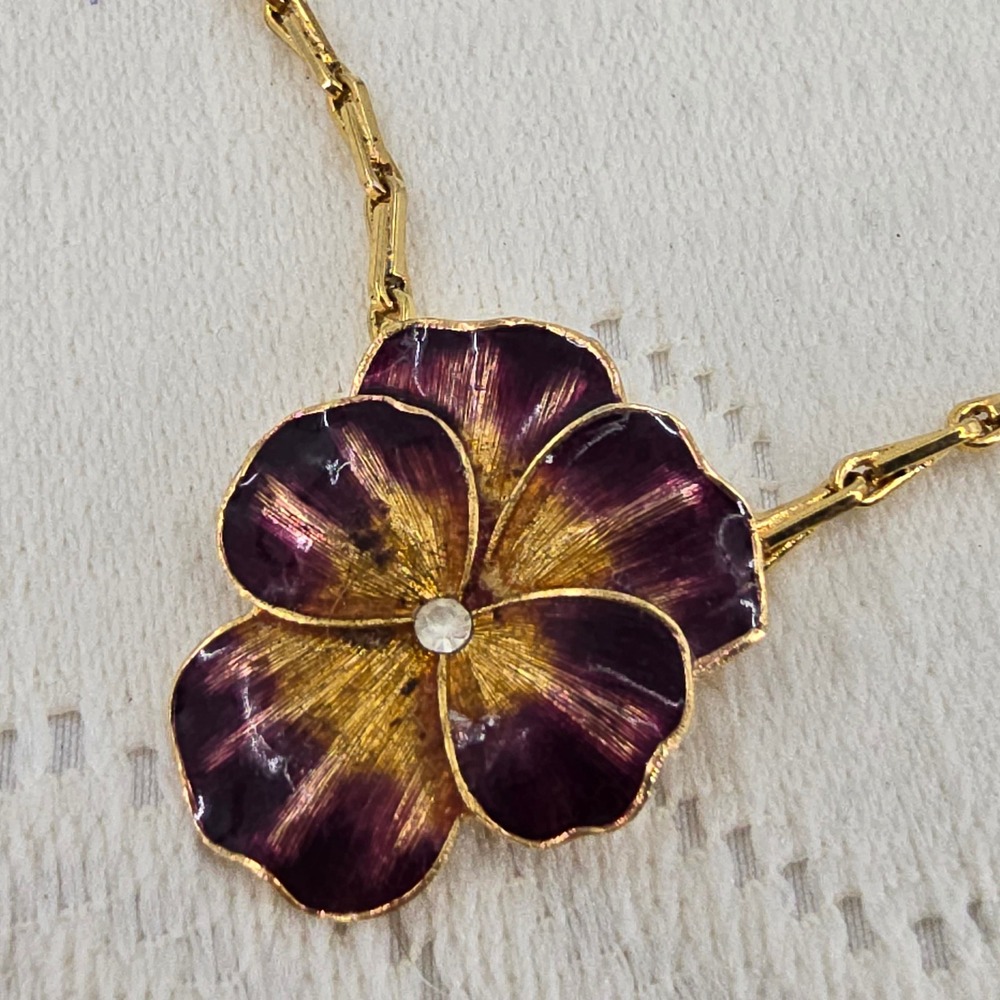 Vintage Enamel Pansy Flower Necklace Gold Tone Purple Yellow Rhinestone Floral